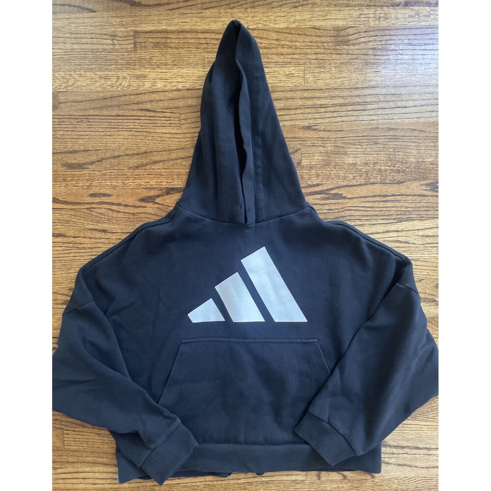 Adidas Sweatshirt Women's Black Hoodie Cropped Short Logo w/Zippered Back - S